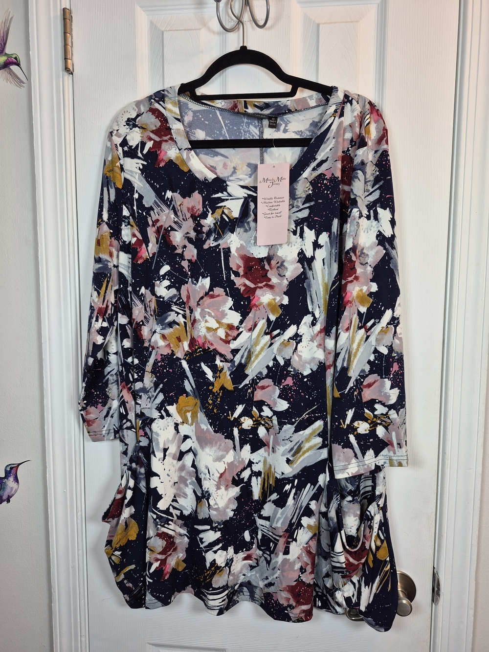 NWT Nina Leonard 2X Navy Floral Abstract Tunic Top Pockets Miracle Matte Jersey